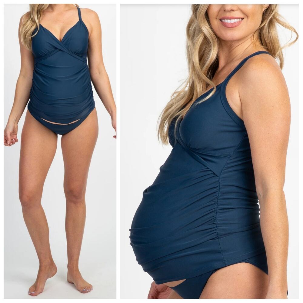 Pink Blush Navy Blue Wrap Front Maternity Tankini Top sz S